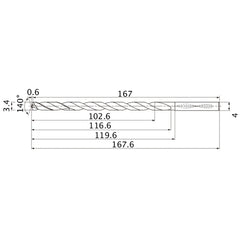 MNS0340X30DB TF15 3.4 mm Dia. × 4 mm Shank × 116.6 mm Flute Length × 167.6 mm OAL, 140°, 2 Flute, Coolant Thru, Solid Carbide Drill