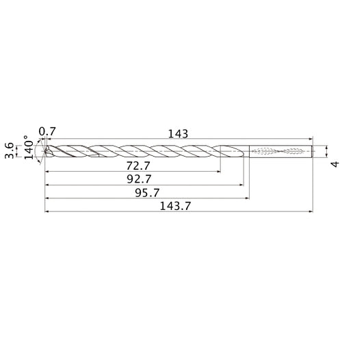 MNS0360X20DB TF15 3.6 mm Dia. × 4 mm Shank × 92.7 mm Flute Length × 143.7 mm OAL, 140°, 2 Flute, Coolant Thru, Solid Carbide Drill