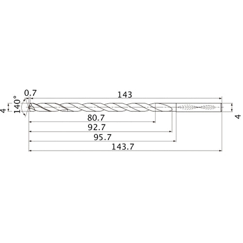 MNS0400X20DB TF15 4 mm Dia. × 4 mm Shank × 92.7 mm Flute Length × 143.7 mm OAL, 140°, 2 Flute, Coolant Thru, Solid Carbide Drill