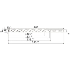 MNS0400X30DB TF15 4 mm Dia. × 4 mm Shank × 132.7 mm Flute Length × 183.7 mm OAL, 140°, 2 Flute, Coolant Thru, Solid Carbide Drill