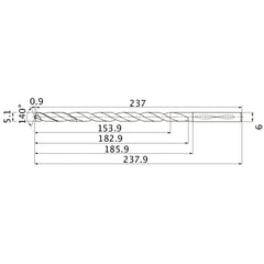MNS0510X30DB TF15 5.1 mm Dia. × 6 mm Shank × 182.9 mm Flute Length × 237.9 mm OAL, 140°, 2 Flute, Coolant Thru, Solid Carbide Drill