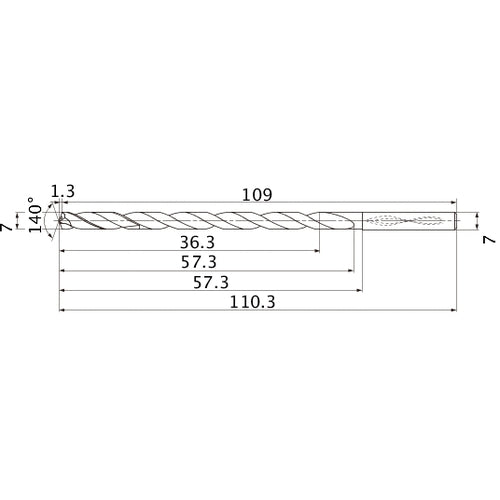 MNS0700LB TF15 7 mm Dia. × 7 mm Shank × 57.3 mm Flute Length × 110.3 mm OAL, 140°, 2 Flute, Coolant Thru, Solid Carbide Drill