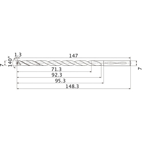 MNS0700X10DB TF15 7 mm Dia. × 7 mm Shank × 92.3 mm Flute Length × 148.3 mm OAL, 140°, 2 Flute, Coolant Thru, Solid Carbide Drill