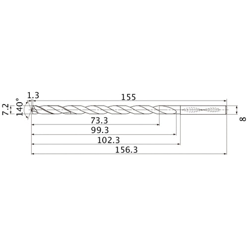 MNS0720X10DB TF15 7.2 mm Dia. × 8 mm Shank × 99.3 mm Flute Length × 156.3 mm OAL, 140°, 2 Flute, Coolant Thru, Solid Carbide Drill