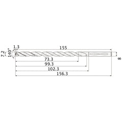 MNS0720X10DB TF15 7.2 mm Dia. × 8 mm Shank × 99.3 mm Flute Length × 156.3 mm OAL, 140°, 2 Flute, Coolant Thru, Solid Carbide Drill