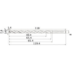 MNS0780LB TF15 7.8 mm Dia. × 8 mm Shank × 65.4 mm Flute Length × 119.4 mm OAL, 140°, 2 Flute, Coolant Thru, Solid Carbide Drill