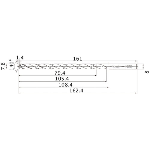 MNS0780X10DB TF15 7.8 mm Dia. × 8 mm Shank × 105.4 mm Flute Length × 162.4 mm OAL, 140°, 2 Flute, Coolant Thru, Solid Carbide Drill