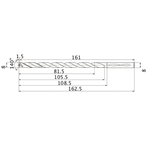 MNS0800X10DB TF15 8 mm Dia. × 8 mm Shank × 105.5 mm Flute Length × 162.5 mm OAL, 140°, 2 Flute, Coolant Thru, Solid Carbide Drill