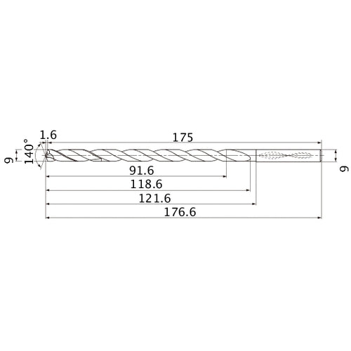 MNS0900X10DB TF15 9 mm Dia. × 9 mm Shank × 118.6 mm Flute Length × 176.6 mm OAL, 140°, 2 Flute, Coolant Thru, Solid Carbide Drill
