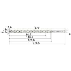 MNS0900X10DB TF15 9 mm Dia. × 9 mm Shank × 118.6 mm Flute Length × 176.6 mm OAL, 140°, 2 Flute, Coolant Thru, Solid Carbide Drill