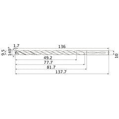 MNS0950LB TF15 9.5 mm Dia. × 10 mm Shank × 77.7 mm Flute Length × 137.7 mm OAL, 140°, 2 Flute, Coolant Thru, Solid Carbide Drill