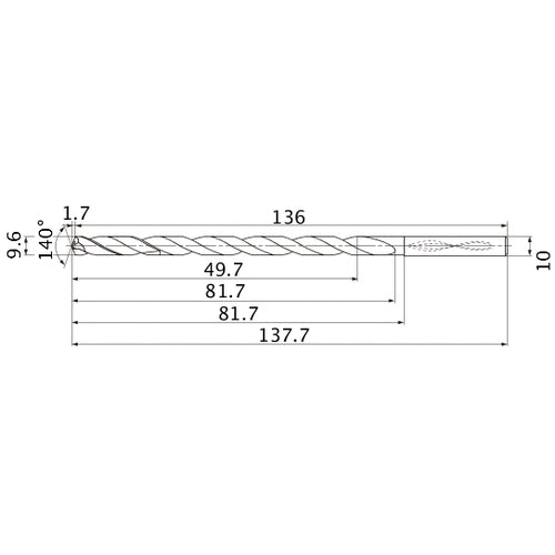MNS0960LB TF15 9.6 mm Dia. × 10 mm Shank × 81.7 mm Flute Length × 137.7 mm OAL, 140°, 2 Flute, Coolant Thru, Solid Carbide Drill