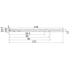 MNS1090LB TF15 10.9 mm Dia. × 11 mm Shank × 90 mm Flute Length × 151 mm OAL, 140°, 2 Flute, Coolant Thru, Solid Carbide Drill