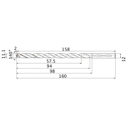MNS1110LB TF15 11.1 mm Dia. × 12 mm Shank × 94 mm Flute Length × 160 mm OAL, 140°, 2 Flute, Coolant Thru, Solid Carbide Drill