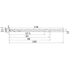 MNS1110LB TF15 11.1 mm Dia. × 12 mm Shank × 94 mm Flute Length × 160 mm OAL, 140°, 2 Flute, Coolant Thru, Solid Carbide Drill