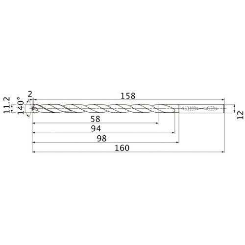 MNS1120LB TF15 11.2 mm Dia. × 12 mm Shank × 94 mm Flute Length × 160 mm OAL, 140°, 2 Flute, Coolant Thru, Solid Carbide Drill