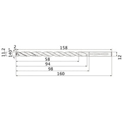 MNS1120LB TF15 11.2 mm Dia. × 12 mm Shank × 94 mm Flute Length × 160 mm OAL, 140°, 2 Flute, Coolant Thru, Solid Carbide Drill