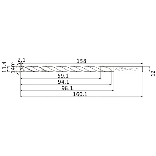 MNS1140LB TF15 11.4 mm Dia. × 12 mm Shank × 94.1 mm Flute Length × 160.1 mm OAL, 140°, 2 Flute, Coolant Thru, Solid Carbide Drill