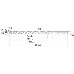 MNS1150LB TF15 11.5 mm Dia. × 12 mm Shank × 94.1 mm Flute Length × 160.1 mm OAL, 140°, 2 Flute, Coolant Thru, Solid Carbide Drill