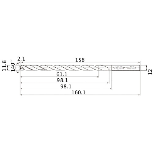 MNS1180LB TF15 11.8 mm Dia. × 12 mm Shank × 98.1 mm Flute Length × 160.1 mm OAL, 140°, 2 Flute, Coolant Thru, Solid Carbide Drill