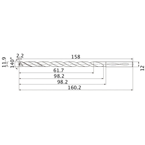 MNS1190LB TF15 11.9 mm Dia. × 12 mm Shank × 98.2 mm Flute Length × 160.2 mm OAL, 140°, 2 Flute, Coolant Thru, Solid Carbide Drill