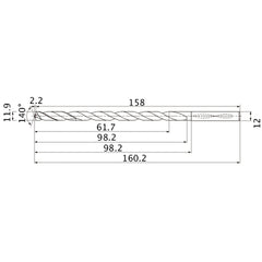MNS1190LB TF15 11.9 mm Dia. × 12 mm Shank × 98.2 mm Flute Length × 160.2 mm OAL, 140°, 2 Flute, Coolant Thru, Solid Carbide Drill