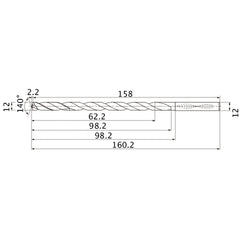 MNS1200LB TF15 12 mm Dia. × 12 mm Shank × 98.2 mm Flute Length × 160.2 mm OAL, 140°, 2 Flute, Coolant Thru, Solid Carbide Drill