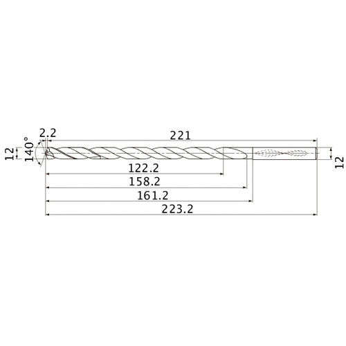 MNS1200X10DB TF15 12 mm Dia. × 12 mm Shank × 158.2 mm Flute Length × 223.2 mm OAL, 140°, 2 Flute, Coolant Thru, Solid Carbide Drill