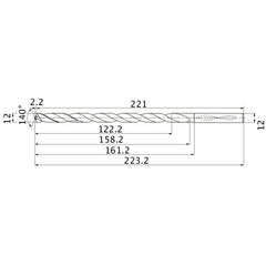 MNS1200X10DB TF15 12 mm Dia. × 12 mm Shank × 158.2 mm Flute Length × 223.2 mm OAL, 140°, 2 Flute, Coolant Thru, Solid Carbide Drill