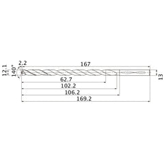 MNS1210LB TF15 12.1 mm Dia. × 13 mm Shank × 102.2 mm Flute Length × 169.2 mm OAL, 140°, 2 Flute, Coolant Thru, Solid Carbide Drill