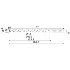 MNS1260LB TF15 12.6 mm Dia. × 13 mm Shank × 106.3 mm Flute Length × 169.3 mm OAL, 140°, 2 Flute, Coolant Thru, Solid Carbide Drill