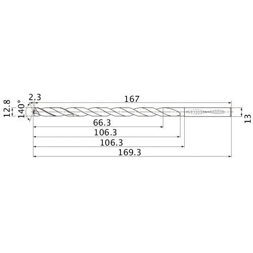 MNS1280LB TF15 12.8 mm Dia. × 13 mm Shank × 106.3 mm Flute Length × 169.3 mm OAL, 140°, 2 Flute, Coolant Thru, Solid Carbide Drill