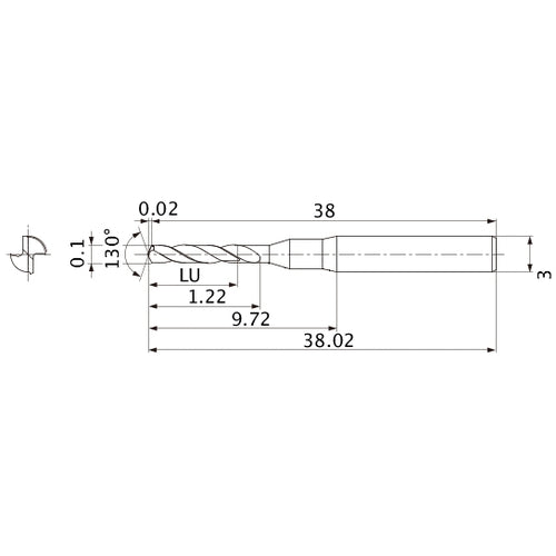MSE0010SB VP20MF 0.1 mm Dia. × 3 mm Shank × 1.22 mm Flute Length × 38.02 mm OAL, 130°, 2 Flute, External Coolant, Solid Carbide Drill