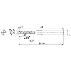 MSE0019SB VP20MF 0.19 mm Dia. × 3 mm Shank × 2.04 mm Flute Length × 38.04 mm OAL, 130°, 2 Flute, External Coolant, Solid Carbide Drill