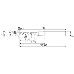 MSE0023SB VP20MF 0.23 mm Dia. × 3 mm Shank × 2.55 mm Flute Length × 38.05 mm OAL, 130°, 2 Flute, External Coolant, Solid Carbide Drill
