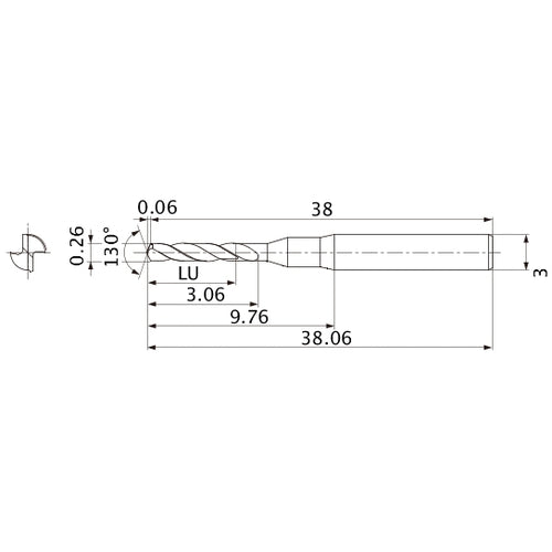 MSE0026SB VP20MF 0.26 mm Dia. × 3 mm Shank × 3.06 mm Flute Length × 38.06 mm OAL, 130°, 2 Flute, External Coolant, Solid Carbide Drill