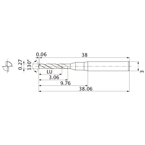 MSE0027SB VP20MF 0.27 mm Dia. × 3 mm Shank × 3.06 mm Flute Length × 38.06 mm OAL, 130°, 2 Flute, External Coolant, Solid Carbide Drill