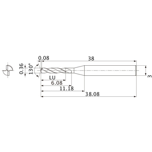 MSE0036SB VP15TF 0.36 mm Dia. × 3 mm Shank × 6.08 mm Flute Length × 38.08 mm OAL, 130°, 2 Flute, External Coolant, Solid Carbide Drill