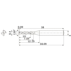 MSE0040SB VP15TF 0.4 mm Dia. × 3 mm Shank × 7.09 mm Flute Length × 38.09 mm OAL, 130°, 2 Flute, External Coolant, Solid Carbide Drill
