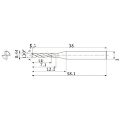 MSE0044SB VP15TF 0.44 mm Dia. × 3 mm Shank × 7.1 mm Flute Length × 38.1 mm OAL, 130°, 2 Flute, External Coolant, Solid Carbide Drill
