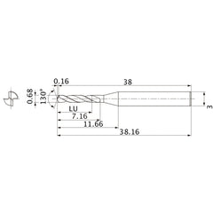 MSE0068SB VP15TF 0.68 mm Dia. × 3 mm Shank × 7.16 mm Flute Length × 38.16 mm OAL, 130°, 2 Flute, External Coolant, Solid Carbide Drill