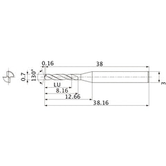 MSE0070SB VP15TF 0.7 mm Dia. × 3 mm Shank × 8.16 mm Flute Length × 38.16 mm OAL, 130°, 2 Flute, External Coolant, Solid Carbide Drill
