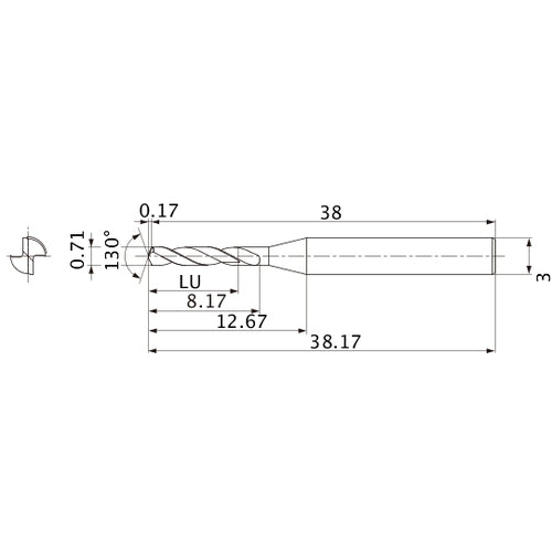 MSE0071SB VP15TF 0.71 mm Dia. × 3 mm Shank × 8.17 mm Flute Length × 38.17 mm OAL, 130°, 2 Flute, External Coolant, Solid Carbide Drill