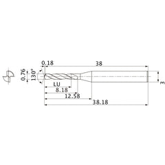 MSE0076SB VP15TF 0.76 mm Dia. × 3 mm Shank × 8.18 mm Flute Length × 38.18 mm OAL, 130°, 2 Flute, External Coolant, Solid Carbide Drill