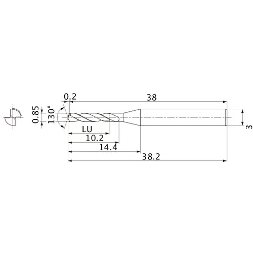 MSE0085SB VP15TF 0.85 mm Dia. × 3 mm Shank × 10.2 mm Flute Length × 38.2 mm OAL, 130°, 2 Flute, External Coolant, Solid Carbide Drill