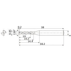 MSE0085SB VP15TF 0.85 mm Dia. × 3 mm Shank × 10.2 mm Flute Length × 38.2 mm OAL, 130°, 2 Flute, External Coolant, Solid Carbide Drill
