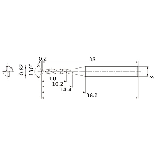 MSE0087SB VP15TF 0.87 mm Dia. × 3 mm Shank × 10.2 mm Flute Length × 38.2 mm OAL, 130°, 2 Flute, External Coolant, Solid Carbide Drill