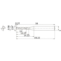 MSE0096SB VP15TF 0.96 mm Dia. × 3 mm Shank × 10.22 mm Flute Length × 38.22 mm OAL, 130°, 2 Flute, External Coolant, Solid Carbide Drill