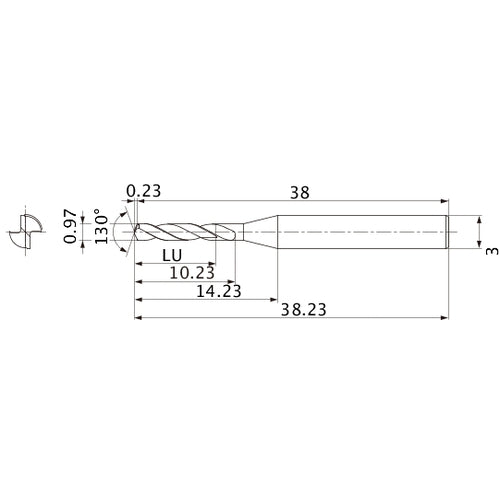 MSE0097SB VP15TF 0.97 mm Dia. × 3 mm Shank × 10.23 mm Flute Length × 38.23 mm OAL, 130°, 2 Flute, External Coolant, Solid Carbide Drill