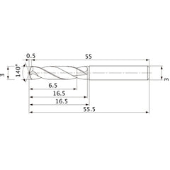 MVE0300X02S030 DP1020 3 mm Dia. × 3 mm Shank × 16.5 mm Flute Length × 55.5 mm OAL, 140°, 2 Flute, External Coolant, Solid Carbide Drill